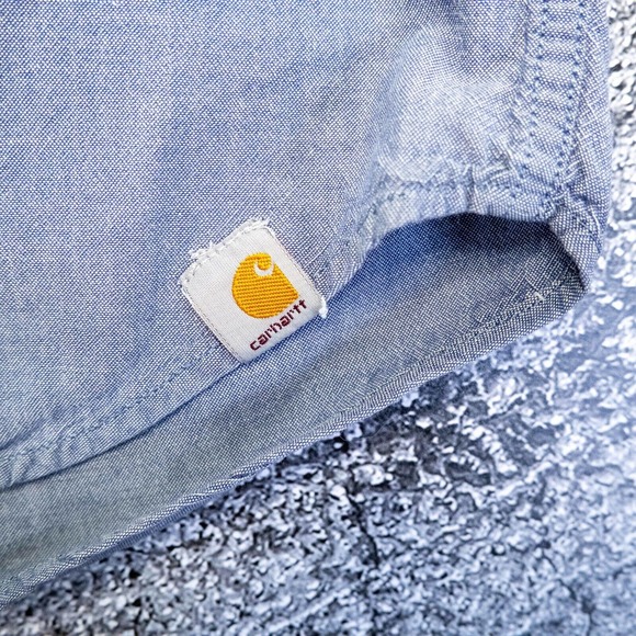 CARHARTT Mens Large Blue Button-up Short Sleeve Work Shirt Pocket workwear - Picture 2 of 11